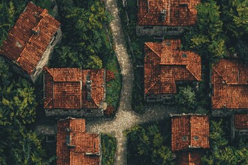 Aerial view of a rustic village with red-tiled roofs surrounded by lush greenery and stone paths. Ideal for concepts of tradition, architecture, and rural charm.