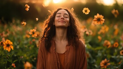Naklejka premium A blissful image of a woman embracing nature, surrounded by golden sunlight and flowers, illustrating joy, contentment, and a connection to the earth.