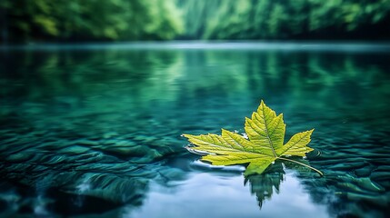 Single yellow-green maple leaf floats on calm, clear river water with pebble riverbed and lush green forest background.