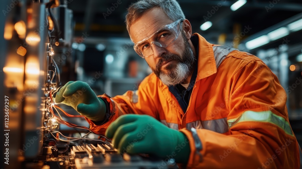 Poster a meticulous engineer in orange safety attire inspects wires using precision tools under bright ligh