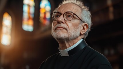 Fototapeta premium An elder priest wearing glasses stands thoughtfully inside a cathedral, surrounded by colorful stained glass windows, immersed in deep contemplation.
