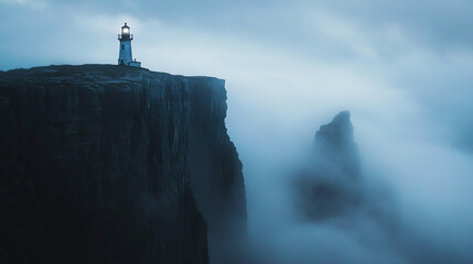 Fototapeta premium A lighthouse stands resolute on a narrow ridge, its light cutting through the swirling mist of the canyon below.