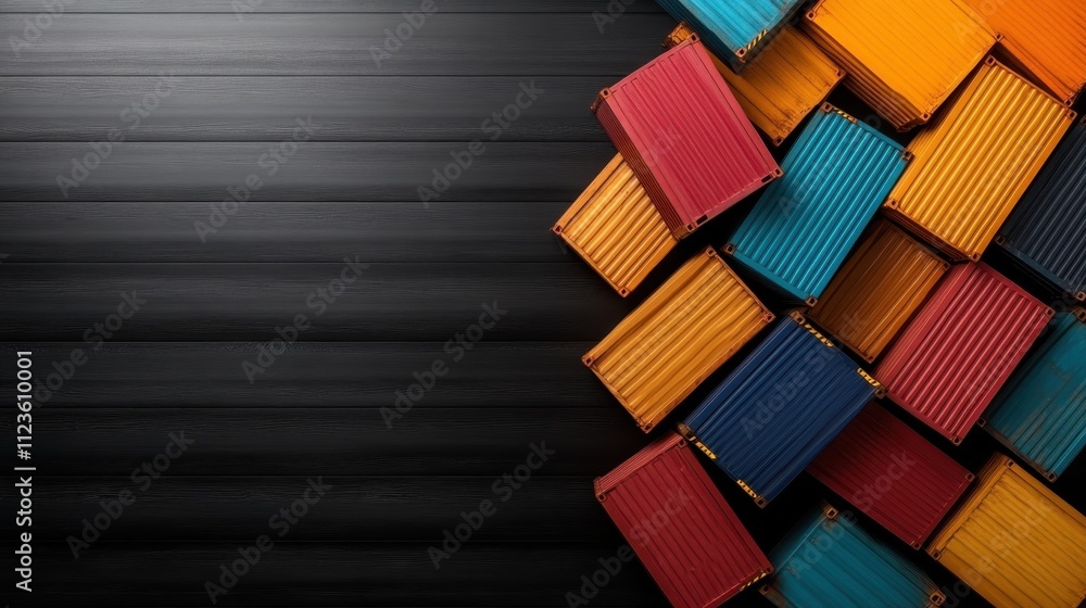Poster An artistic display of assorted colorful containers aligned in a captivating pattern on a sleek black background, offering an interplay of color and structure.