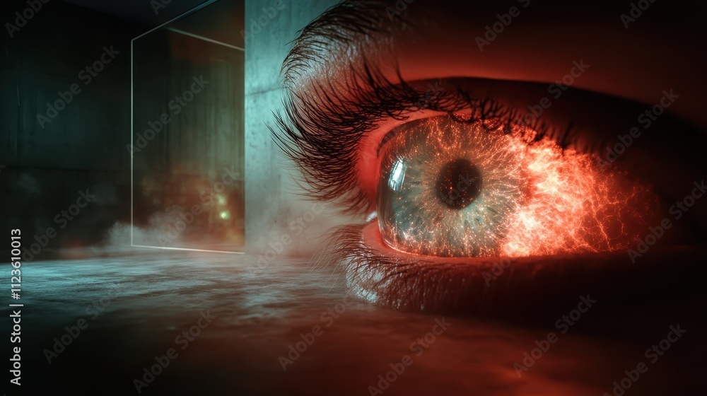 Poster a surreal depiction of an eye with fiery reflections illuminating a dimly lit room, creating an enig