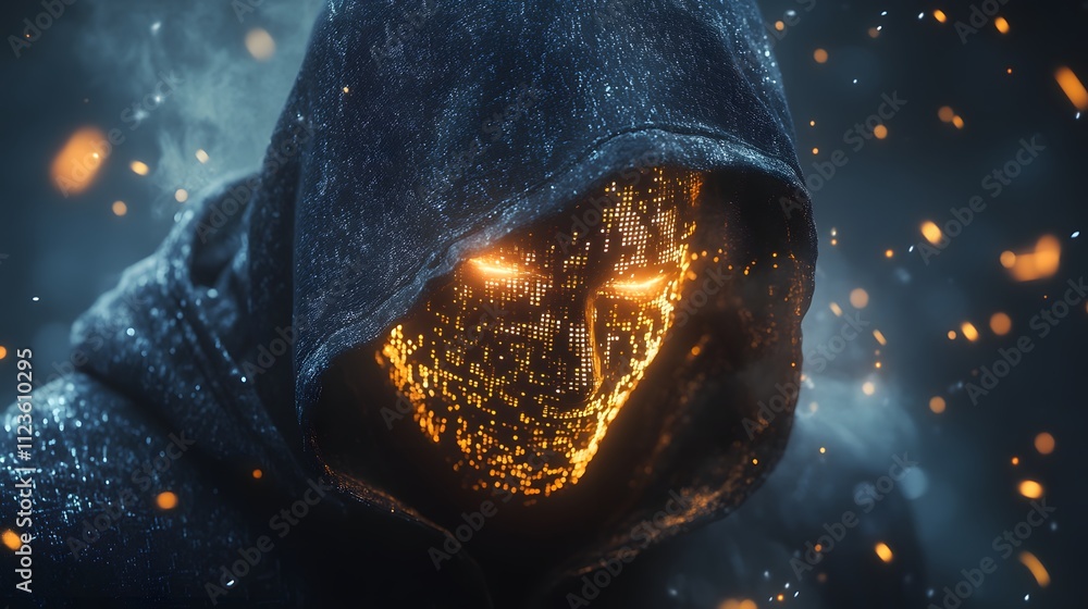 Poster Futuristic Hooded Figure with Glowing Digital Face Surrounded by Sparks and Smoke in a Dark Fantasy Environment, Mysterious and Engaging Visual for Sci-Fi Projects