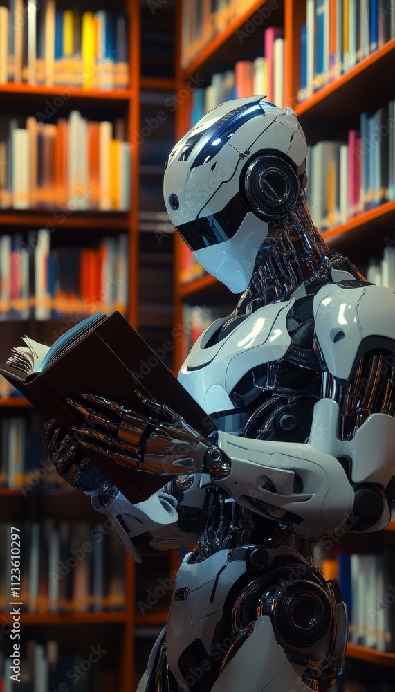 Poster futuristic robot reading in a library surrounded by colorful bookshelves symbolizing knowledge