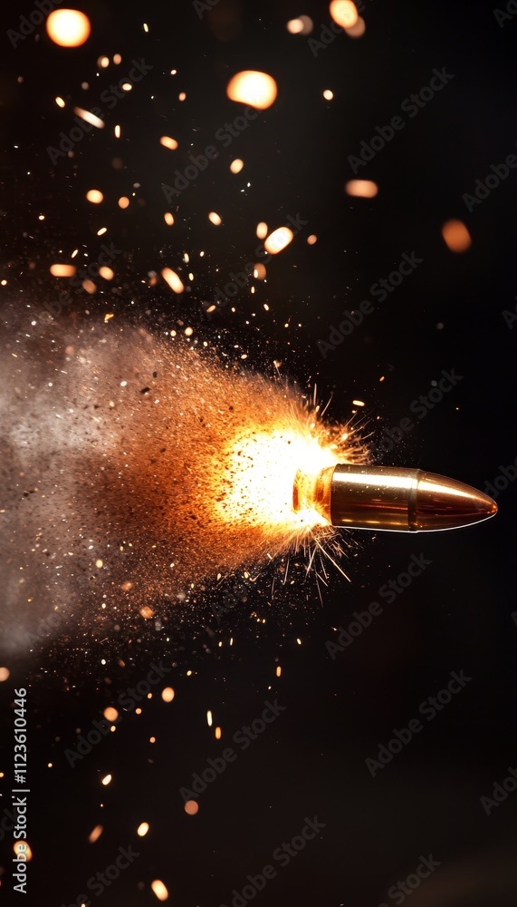Poster dynamic image of a bullet in motion with flames and sparks, showcasing intense speed and energy