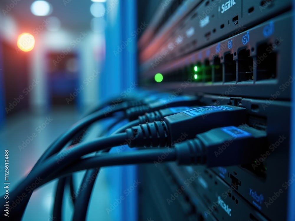 Poster network cables connected to servers in a data center during evening hours with glowing indicators sh