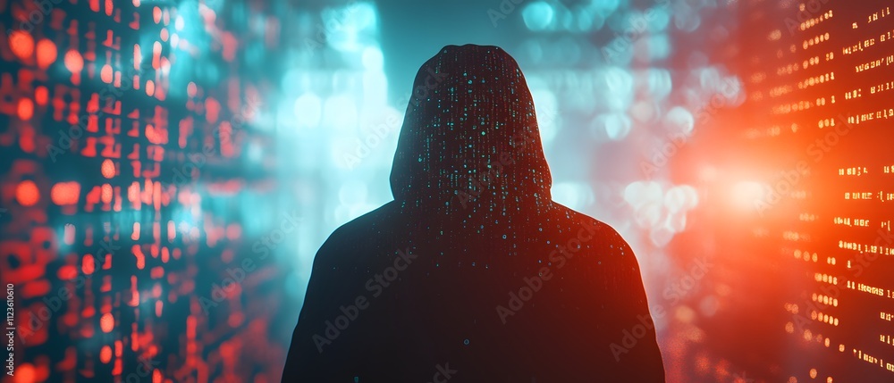 Aufkleber Mysterious Figure in Hoodie Surrounded by Glowing Digital Data in a Futuristic Environment Representing Cybersecurity and Technology Themes