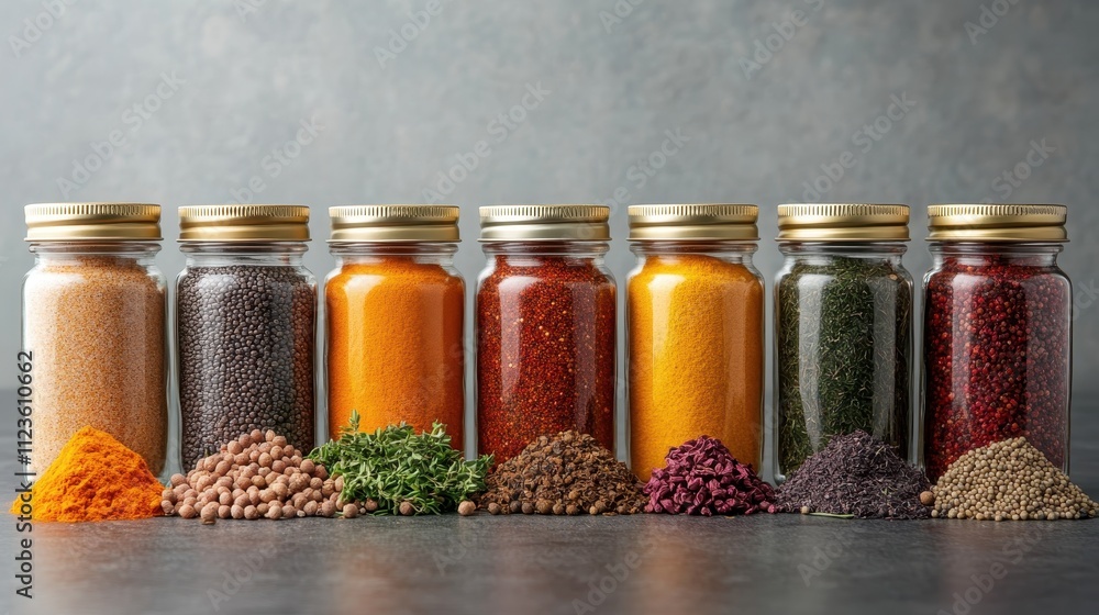 Poster an artistic arrangement of diverse spice jars featuring various seasonings, powders, and herbs, line
