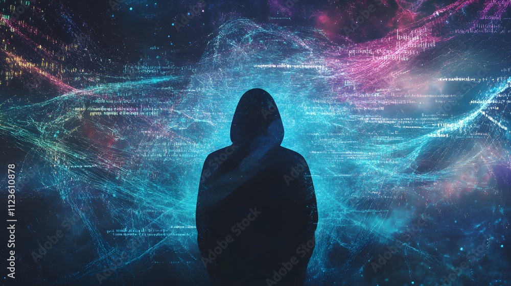 Aufkleber mysterious figure in a dark hoodie surrounded by abstract digital data in colorful nebula background