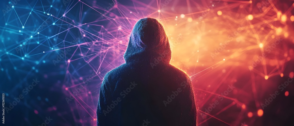 Poster mysterious silhouette of individual in hoodie surrounded by abstract colorful network connections an
