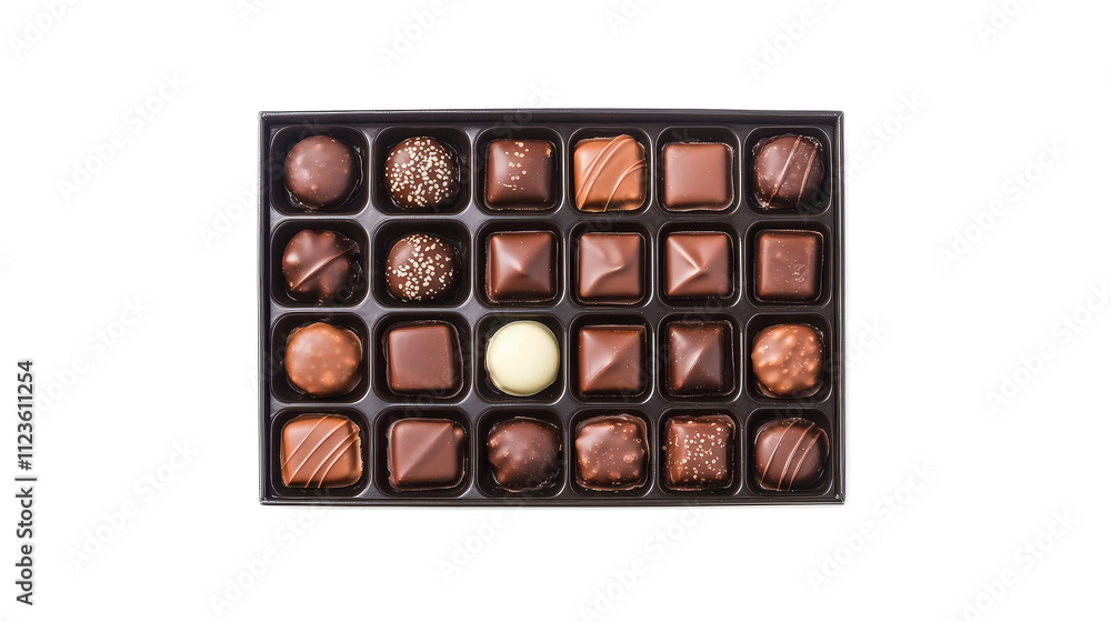 Poster assorted chocolate box with various shapes and designs on display