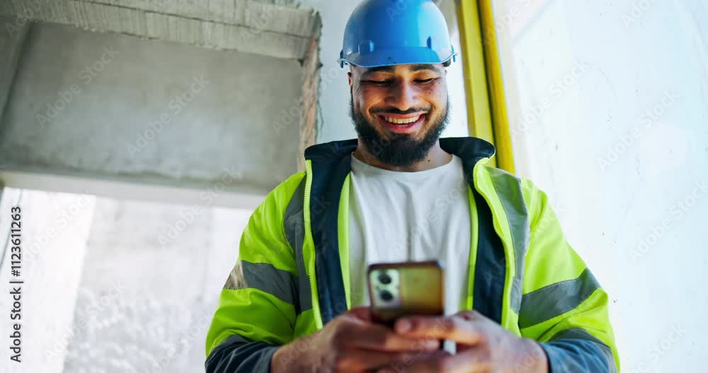 Aufkleber Man, engineer and typing on mobile for construction, planning project or check building schedule. Happy architect, site and phone for communication, text and infrastructure maintenance in low angle