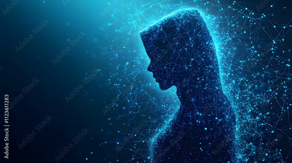Aufkleber abstract silhouette of a woman created with glowing connections and particles in a futuristic digita