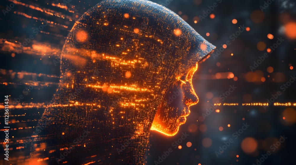 Fototapete Enigmatic Silhouette of a Person Surrounded by a Matrix of Glowing Particles and Light Trails Representing Data and Technology in a Futuristic Setting