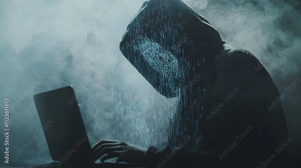 Poster mysterious figure in dark hoodie engaged in computer work amidst fog and digital rain, representing 