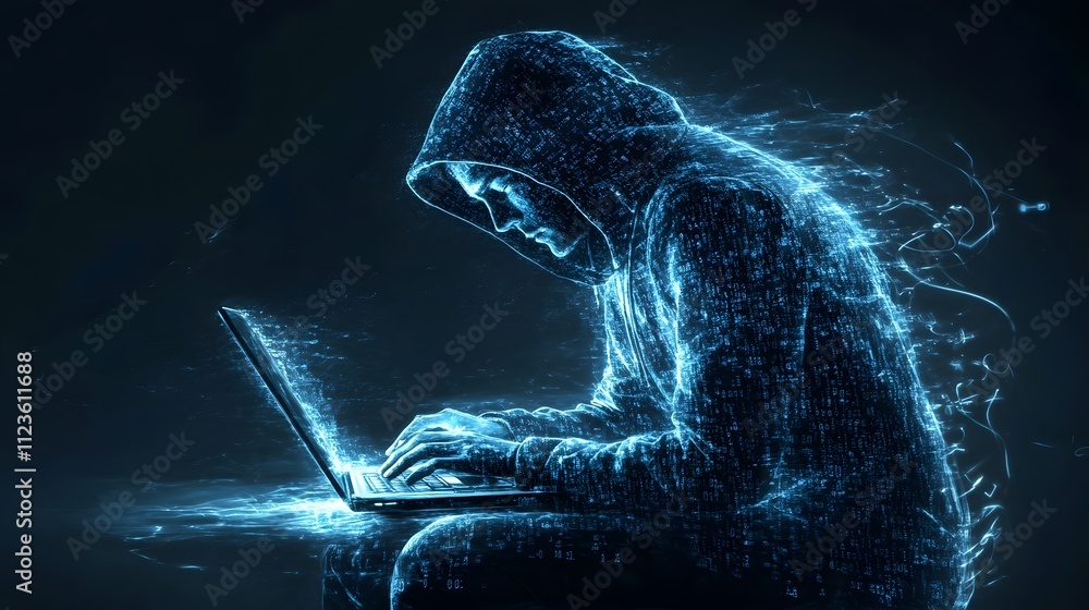 Poster mysterious digital hacker engaged in cyber activities with futuristic glowing effects on laptop in d