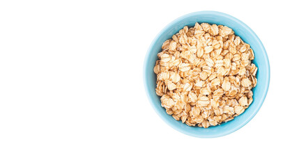 Oatmeal Flakes in Blue Bowl on White Background for Healthy Breakfast