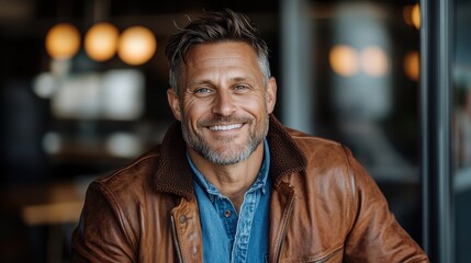 Obraz premium A smiling man with a rugged appearance, wearing a brown leather jacket, is captured in a warmly-lit cafe, showcasing an engaging and relaxed demeanor.