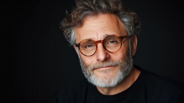 An elderly man with round glasses exuding wisdom and thoughtfulness is portrayed in a classic black background, emphasizing his contemplative and mature presence.