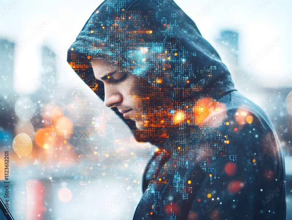 Poster young man with a hood in a cityscape background, featuring digital effects, binary code, and blurred