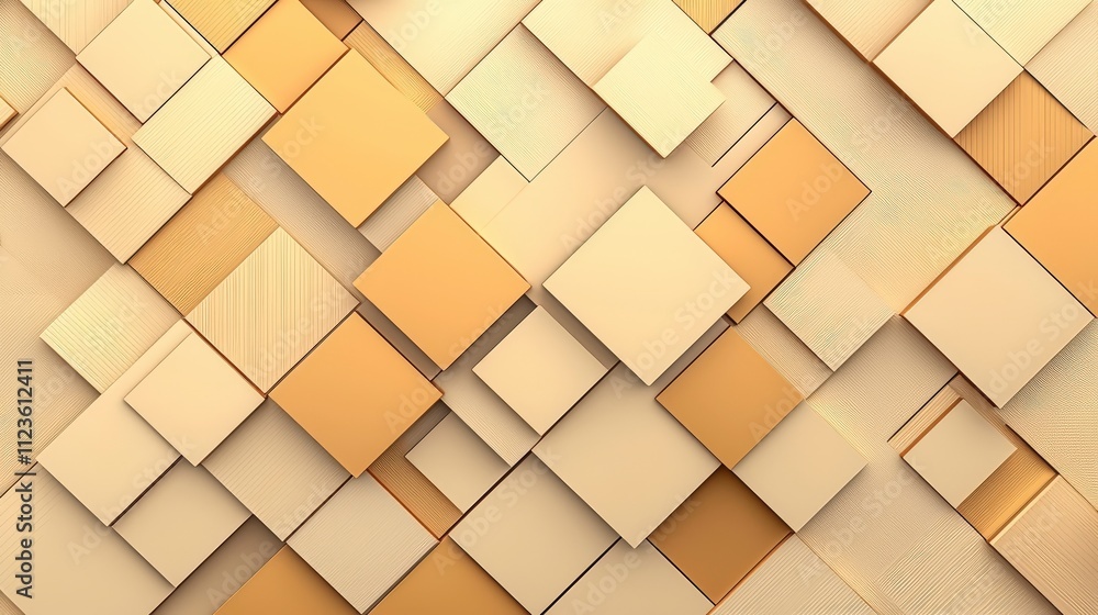 Poster a modern composition of overlapping square shapes in soft beige and gold tones, creating a visually 