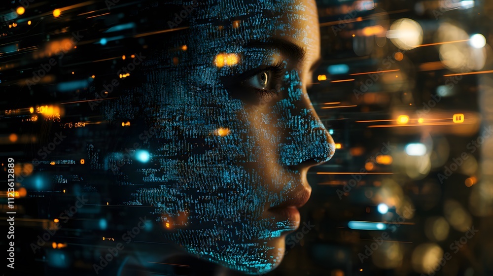Aufkleber digital transformation concept featuring a profile of a young woman with futuristic binary code elem