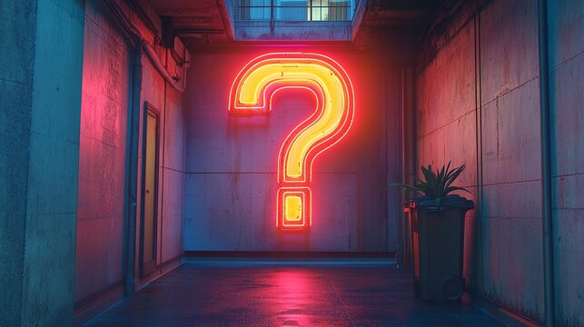 Neon sign of a large, colorful question mark representing trivia games with copy space.
