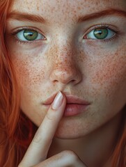 Top secret. Close up view of cute ginger young female with freckles and green eyes, holding a finger on her lips, saying 'shh', asking to keep silent about her big secret, looking at the camera