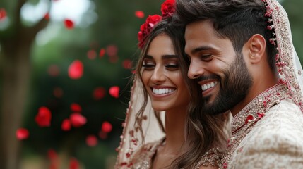 Obraz premium A joyful bride and groom, adorned in traditional wedding outfits, smile radiantly as rose petals surround them, celebrating love, happiness, and togetherness.