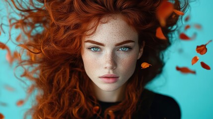 Fototapeta premium An artistic image of a young woman with distinct freckles and voluminous red hair, surrounded by scattered petals, highlighting beauty and nature's blemishes.