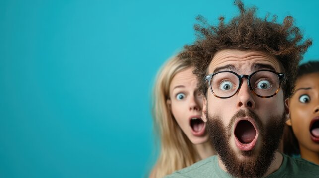 Three people, each with a unique style, display an expression of amazement and surprise against a vivid teal background, enhancing their dramatic reactions.