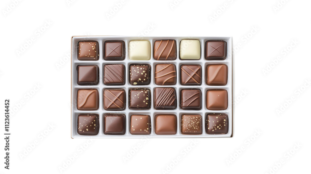 Poster assorted gourmet chocolates in elegant box on isolated background
