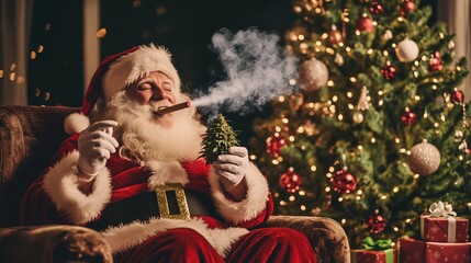 Smiling Santa Claus Enjoying a Blunt and Holding a Cannabis Bud, Surrounded by a Festive Christmas Tree and Gifts.