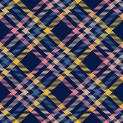 Vector plaid seamless pattern diagonal intersecting blue, pink and yellow lines