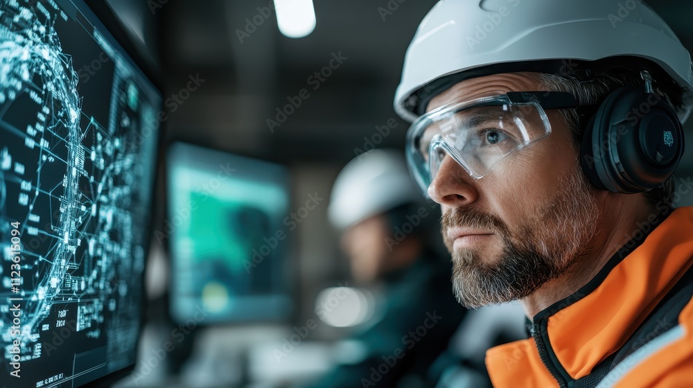 Poster a focused engineer wears protective gear while examining complex digital blueprints on a computer mo