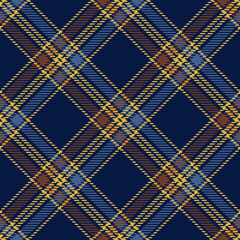 Vector plaid seamless pattern diagonal intersecting blue and yellow lines