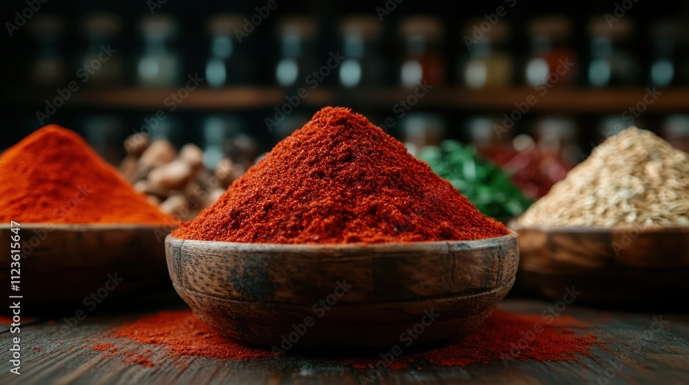 Aufkleber a vivid display of colorful spices neatly arranged in wooden bowls creates a rich tapestry on a rust
