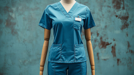 Headless mannequin showcases comfortable light blue medical assistant uniform featuring scrub top and pants pockets tools. Ideal healthcare settings and promotional use.