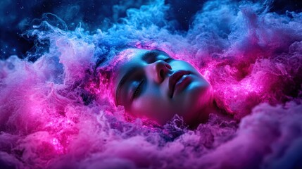 A surreal and ethereal image features a woman's face enveloped by vibrant pink and blue mist,...