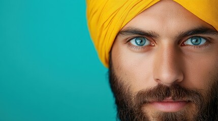 A captivating deep gaze of a man wearing a yellow turban against a striking blue backdrop,...