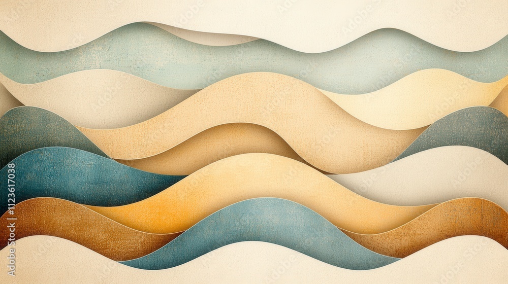 Poster a stylized abstract wave design featuring soft, flowing colors and smooth curves, creating an elegan