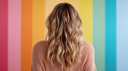 A woman with long wavy hair stands against a vibrant rainbow-colored wall, depicting themes of...