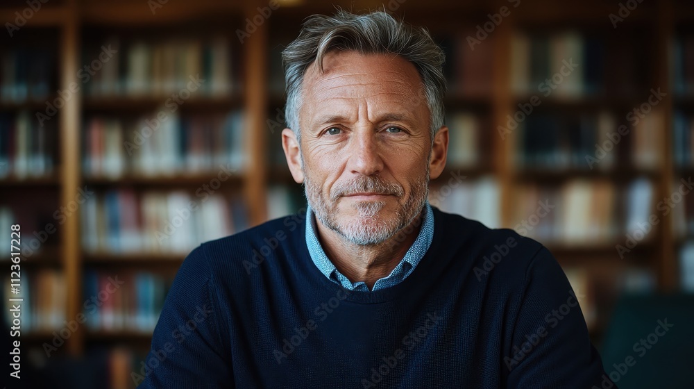 Poster an approachable mature male with a calm demeanor sits in a library setting surrounded by books, refl