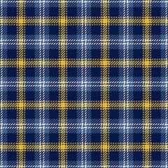 Checkered plaid vector seamless pattern in blue hues and yellow, Gingham style