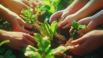 A diverse group of sustainable people holding plants in an eco friendly environment for nature conservation Closeup of hands planting in fertile soil for sustainability and organic far : Generative A