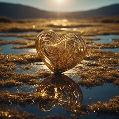 A shimmering golden heart spinning in a surreal digital landscape.