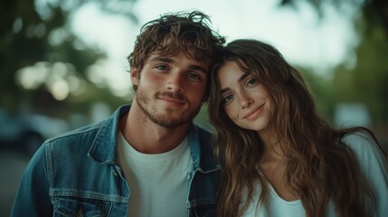 Obraz premium A young couple stands affectionately together in an outdoor setting, sporting casual attire and joyful expressions, radiating a sense of youthful love and happiness.