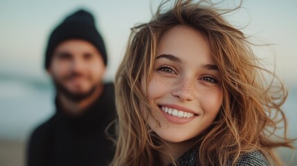 A smiling woman with beautiful freckles, surrounded by a gentle outdoor setting. Her joy is enhanced by the relaxed vibe of the distant male figure.